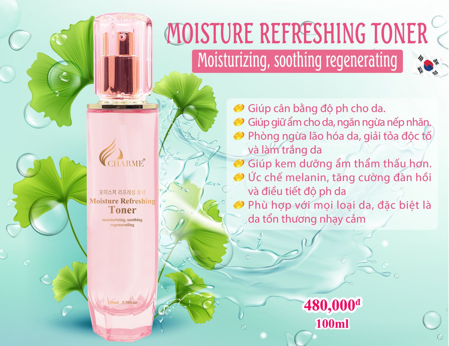 Nước hoa hồng dưỡng ẩm, Charme Moisture Refreshing, dòng toner sạch da, sạch bã nhờn, 100ml