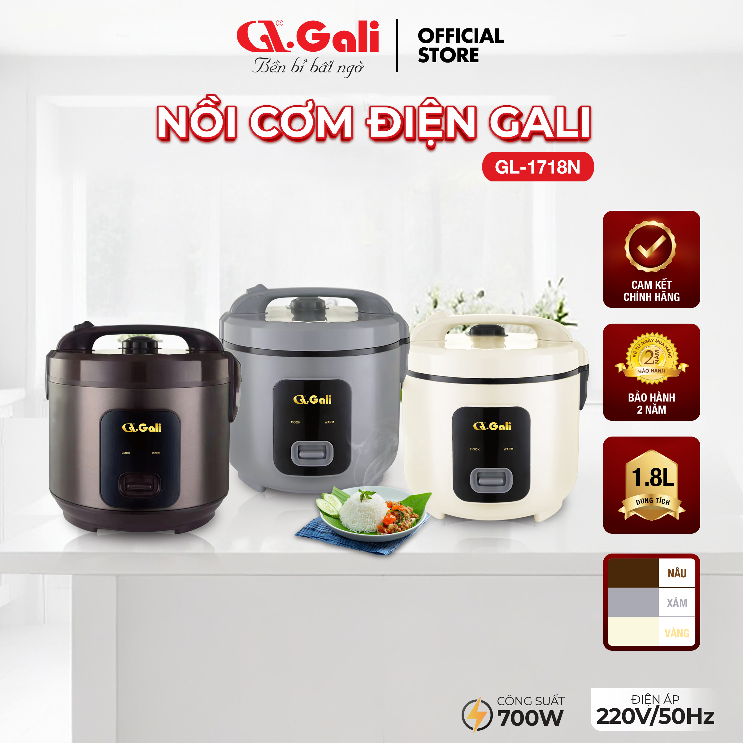 Nồi cơm điện Gali GL-1718N 1.8 lít 700w. Lòng nồi dày giữ nhiệt tốt. Hàng chính hãng bảo hành 24 tháng