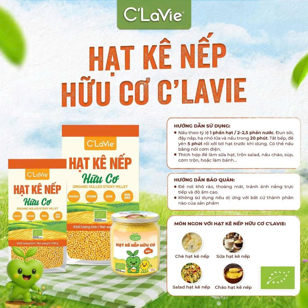 Hạt Kê Nếp Vàng Hữu Cơ C'Lavie 200g/ 450g - Dùng Nấu Sữa Hạt, Cháo Ăn Dặm Cho Bé, Người Ăn Chay, Ăn Kiêng, Eatclean, Giàu Dinh Dưỡng