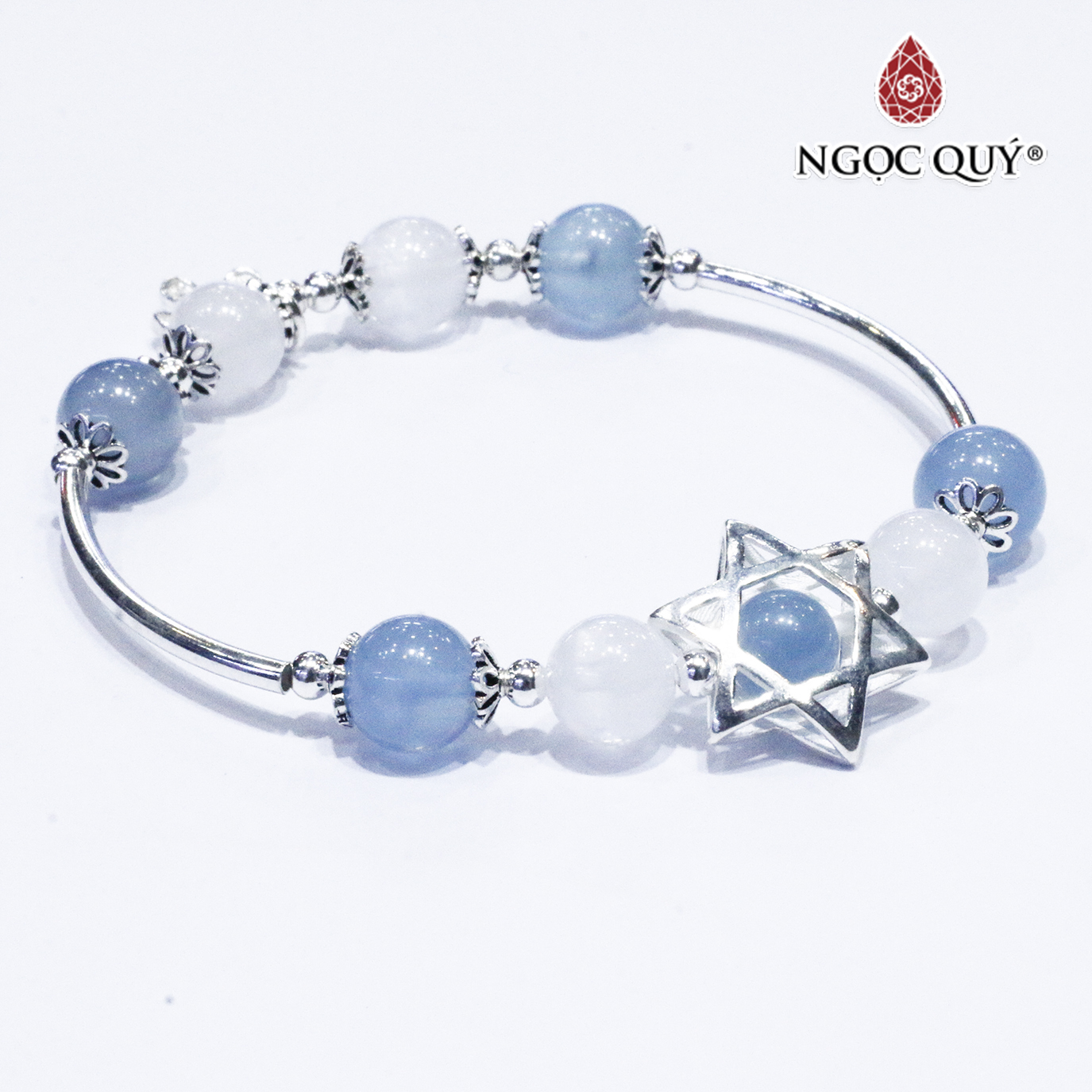 Vòng thạch anh ưu linh trắng phối aquamarine charm bạc - Ngọc Quý Gemstones