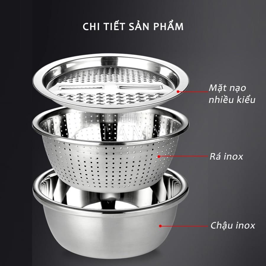 Bộ Bào Nạo Rau Củ Kiêm Rổ Và Chậu Inox Cao Cấp Đa Năng Tiện Dụng