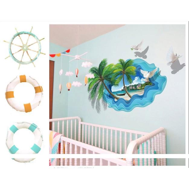 Decal trang trí tường 3D cảnh Cây dừa lớn cùng Biển