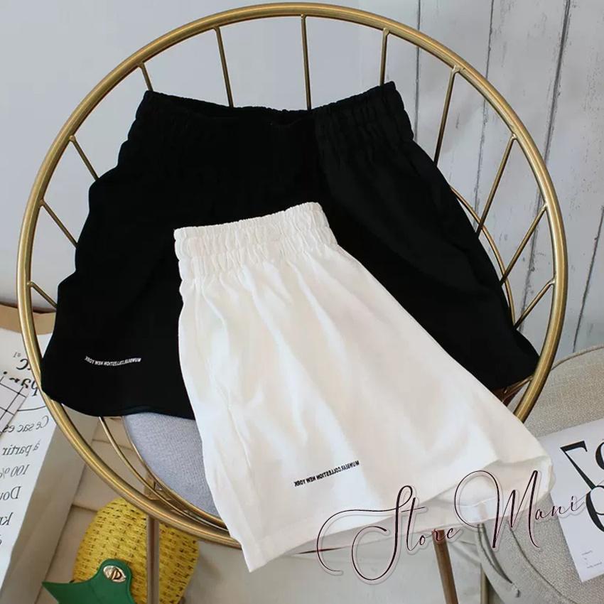 Quần short nữ kiểu quần đùi đũi cạp cao lưng thun chun thêu chữ màu đen trắng kem ống rộng mặc đi biểm ở nhà đi ngủ đẹp