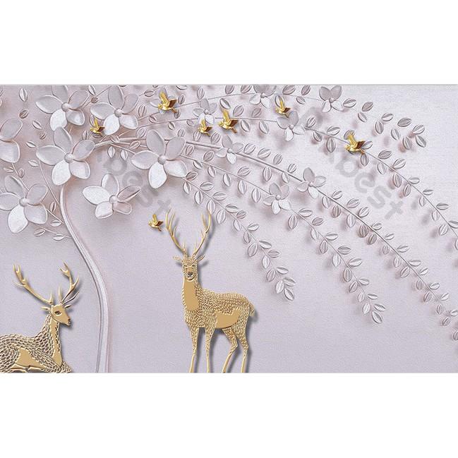 Tranh dán tường Phong cách Bắc Âu nai rừng bên tường hoa, tranh dán tường 3d hiện đại MS934066