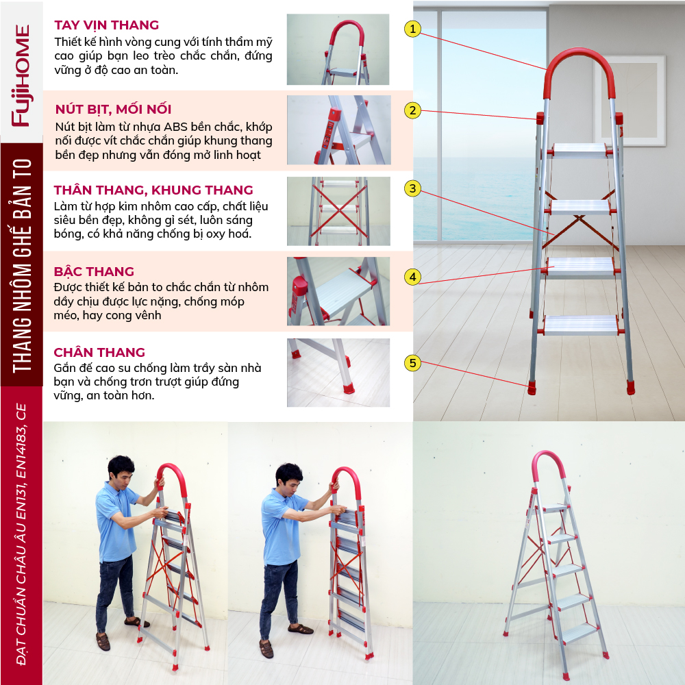 Thang ghế nhôm chữ A tay vịn bản to 6 bậc 1,9m xếp gọn Nhật Bản Fujihome chống trượt, Ghế thang chữ A thắp nhang gia đình đa năng rút gọn inox 1m9 mét step stool ladder
