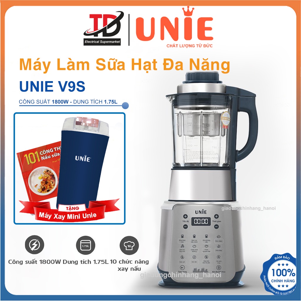 [Nhập CECAMP110KD1 giảm 110K] Máy Làm Sữa Hạt Đa Năng Unie V9s, Tích 1.75L, Công Suất 1800W, Hàng Chính Hãng