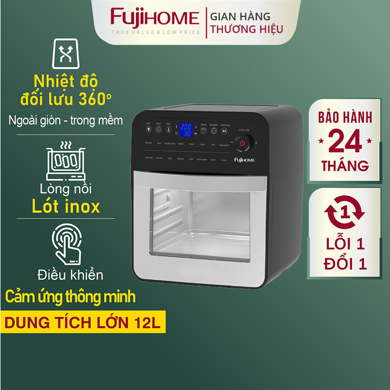 Nồi chiên không dầu 12L điện tử Nhật Bản FUJIHOME tự ngắt (kèm đủ 7 món phụ kiện), Lò chiên không khí không hơi nước 12 lít air fryer - Hàng Nhập Khẩu