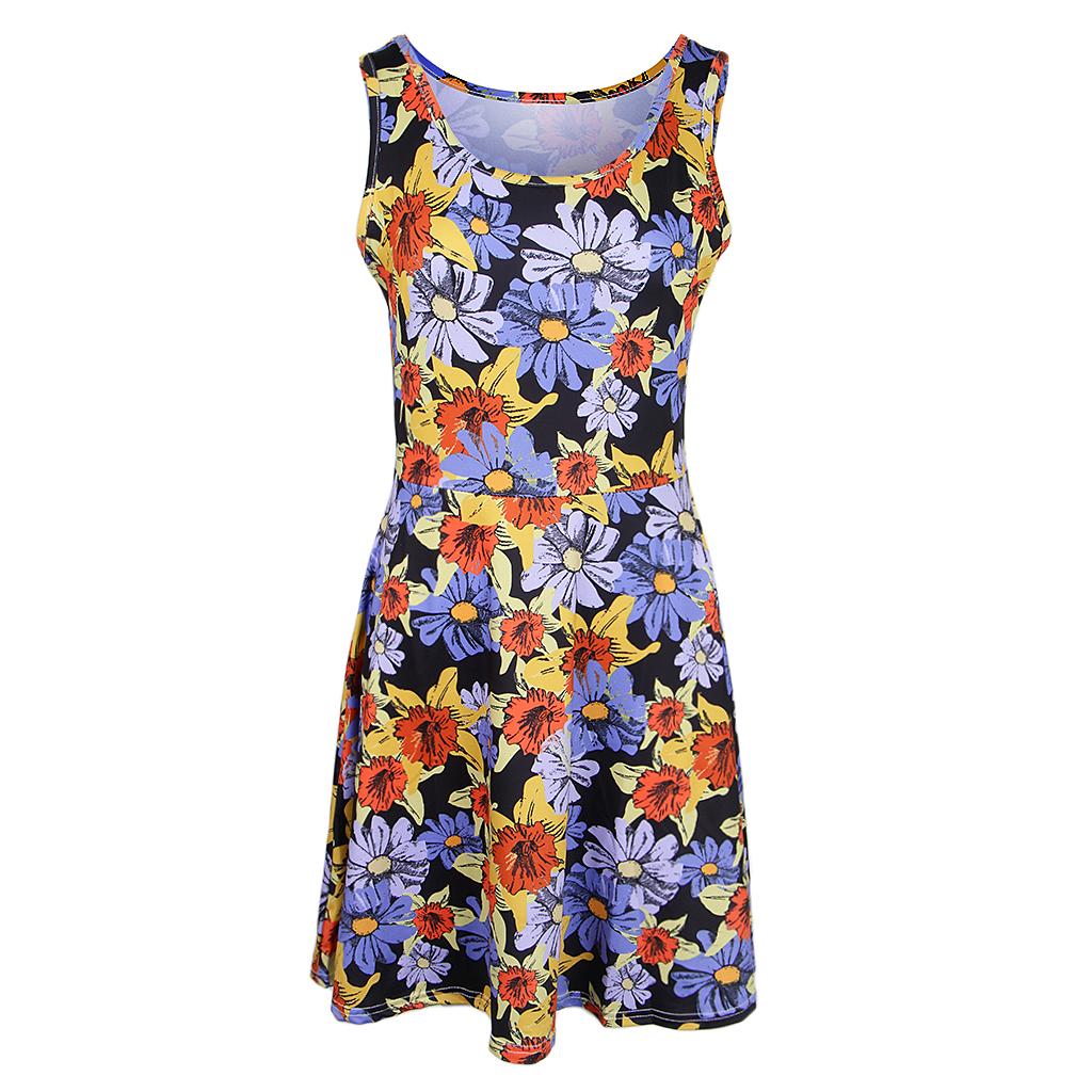 Women Floral Dress Summer Sleeveless Round Neck Casual Flared Midi Dress
