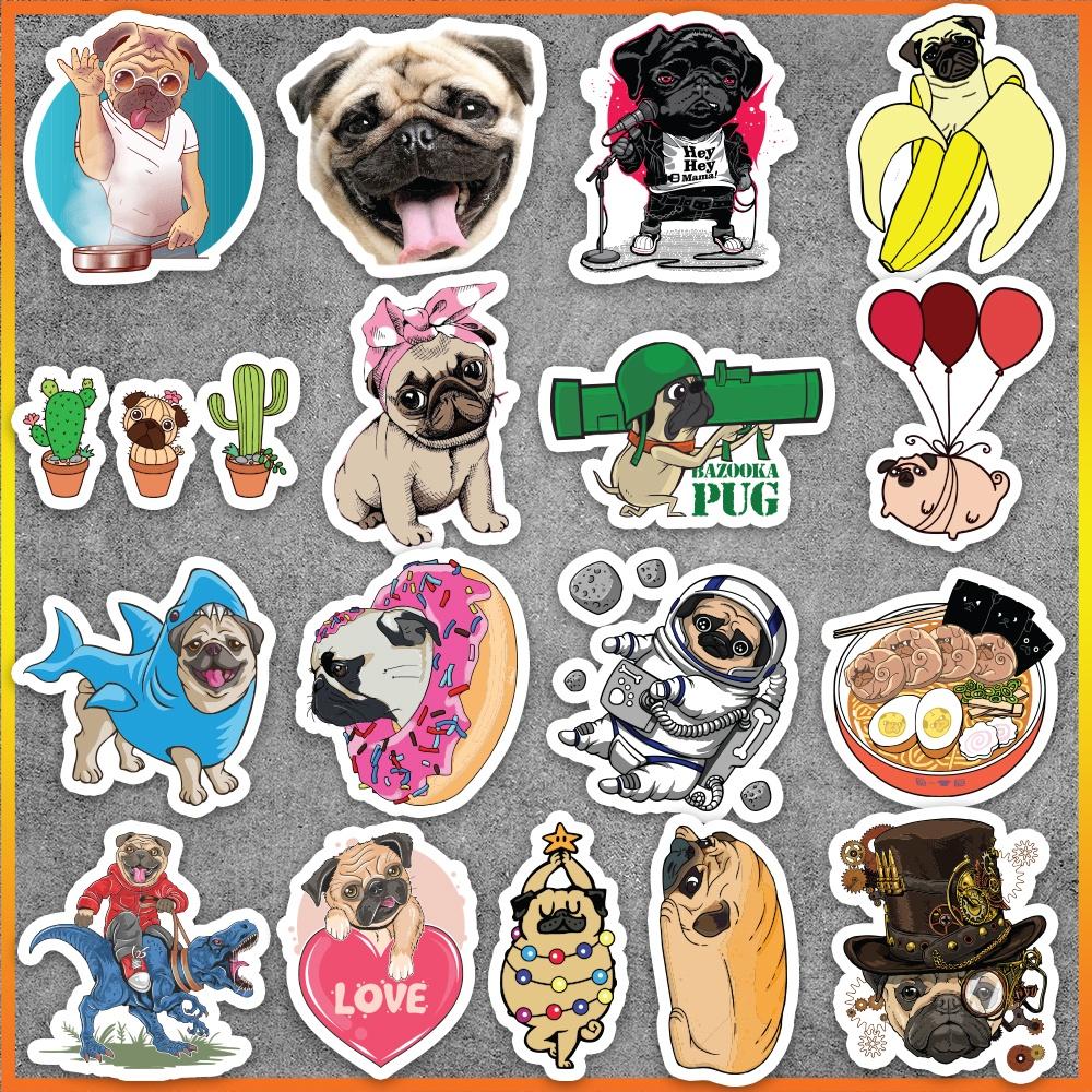 Set 50 cái Sticker Pug chống nước, Hình dán chó Pug cute, Decal Pug dán vali, điện thoại, mũ bảo hiểm