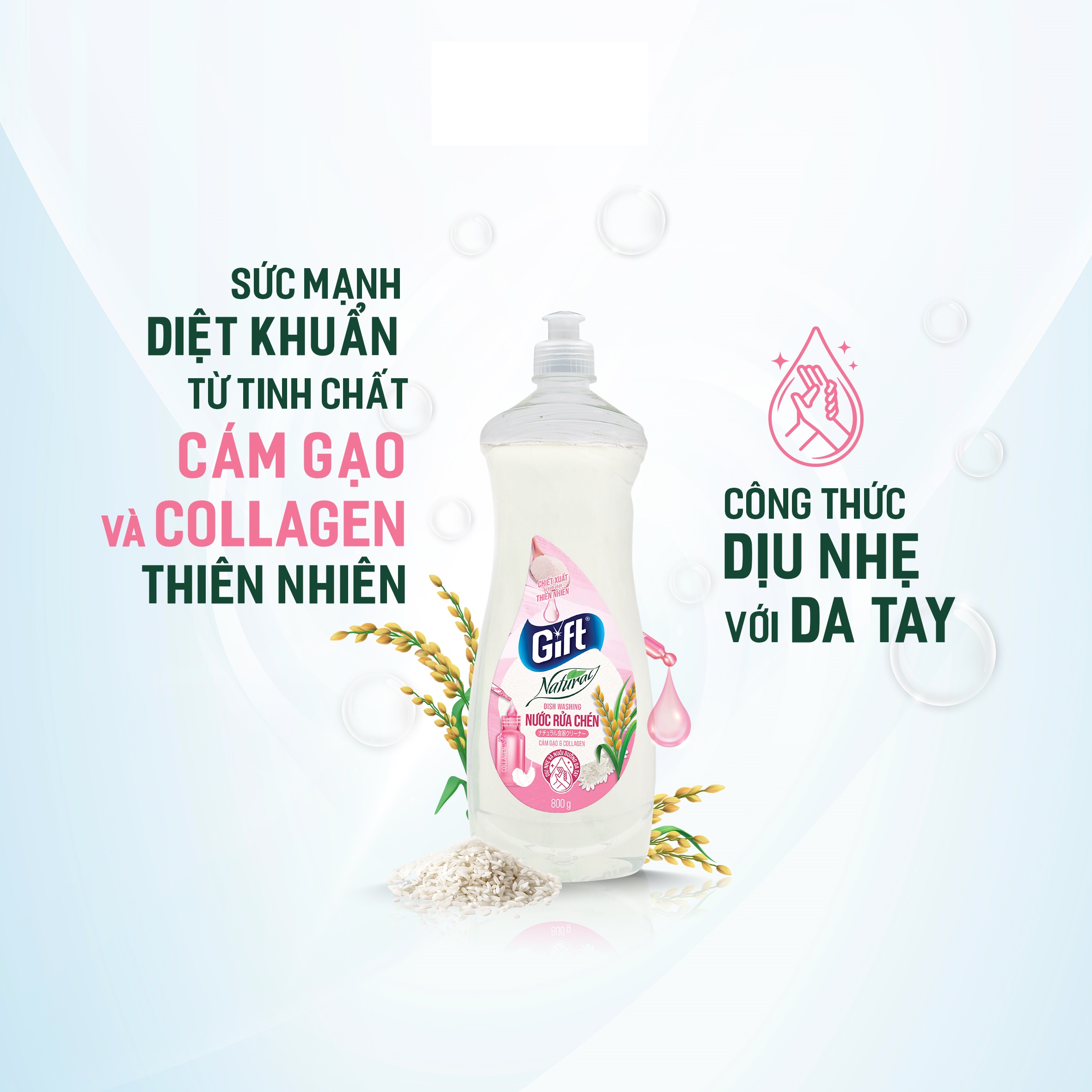 Nước rửa chén Gift Natural Cám Gạo &amp; Collagen _ Dịu nhẹ và nuôi dưỡng da tay