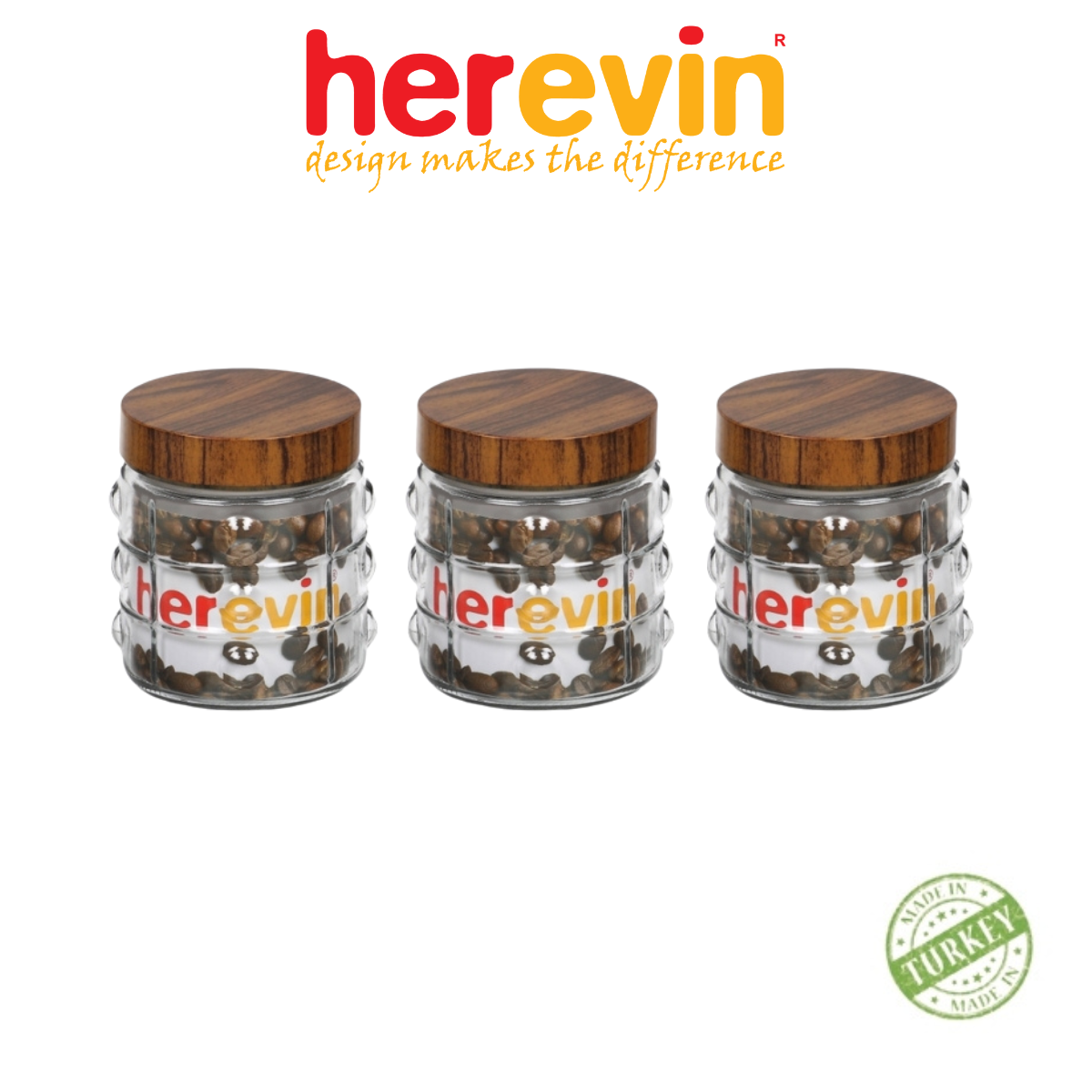 Bộ 3 Hũ Thuỷ Tinh Herevin Tròn Sọc Nắp woody 1L - HEHU231901-205