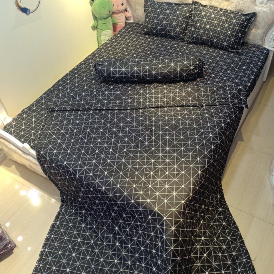Bộ Chăn Ga Gối Cottong Poly Hè Thu 5 Món Kẻ Xám Đậm