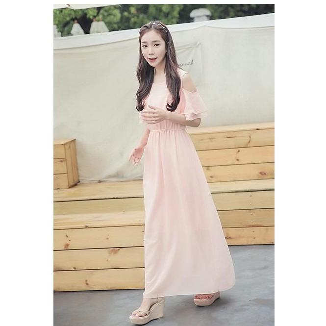 Đầm maxi rớt vai chiffon hồng dâu