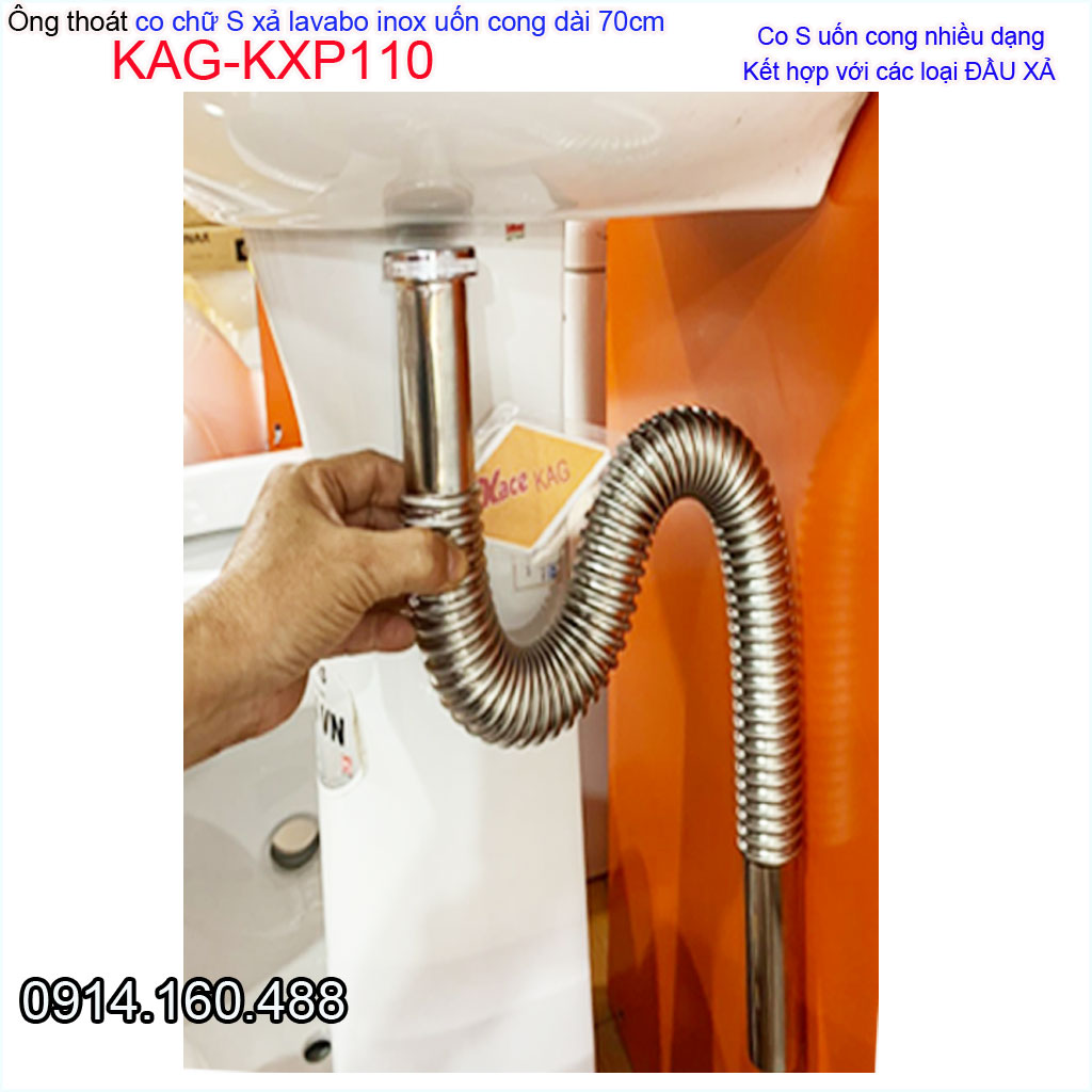 Co S xả lavabo dài 70cm KAG-KXP110, ống thải co P inox mềm thoát nước nhanh chống hôi tốt