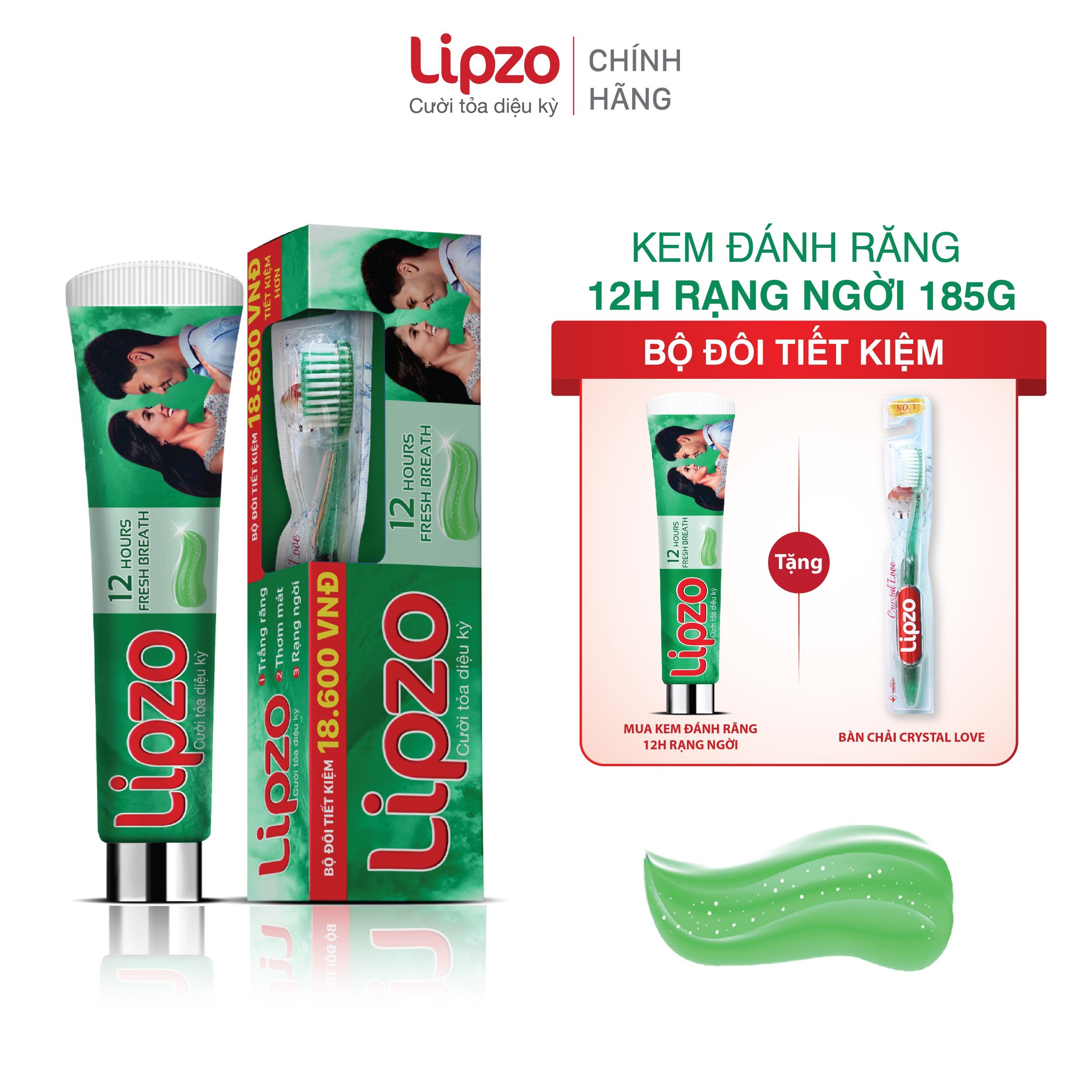 Bộ Đôi Kem Đánh Răng Lipzo 12 Giờ Rạng Ngời 185g Và Bàn Chải Đánh Răng LIPZO Crystal Love For Girl Trắng Răng Thơm Miệng