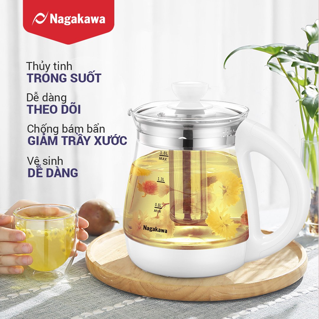 Ấm siêu tốc thủy tinh đa năng Nagakawa NAG0316 (1.8 Lít) - Hàng chính hãng