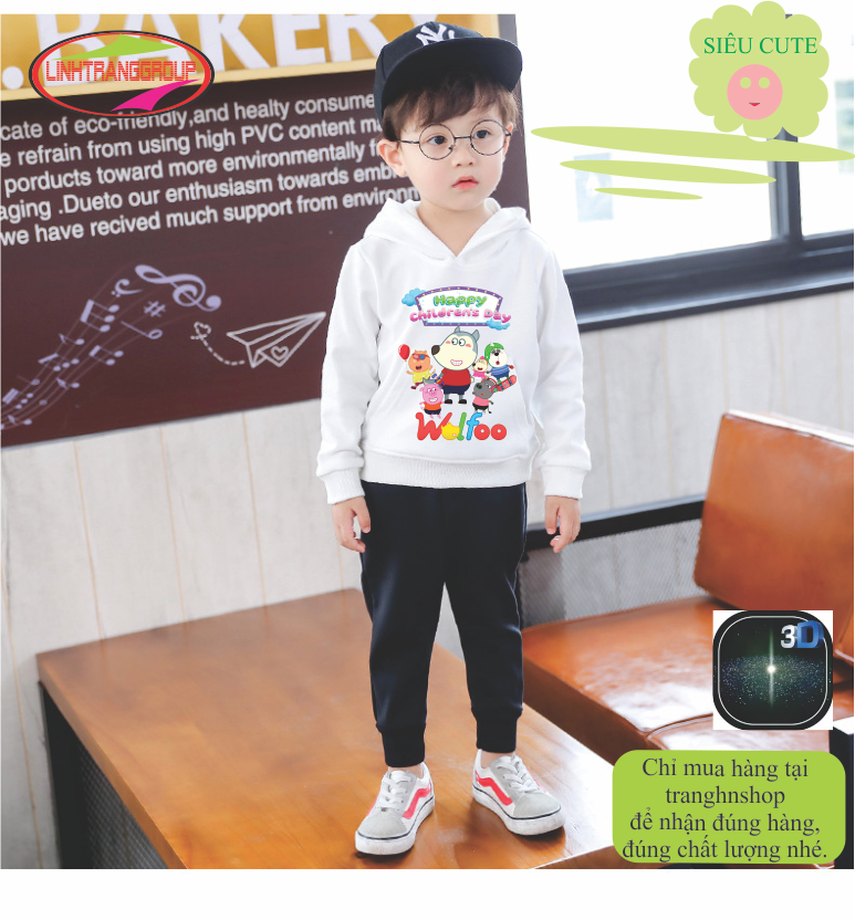 Áo Hoodie nỉ bông màu trắng in hình WOLFOO siêu cute cho bé trai bé gái đủ size