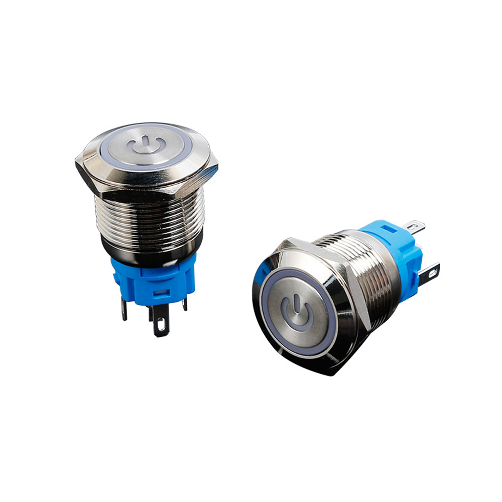 Nút công tắc nguồn nhấn Tự Khóa 16mm Vỏ INOX chống nước, Biểu tượng Nguồn LED
