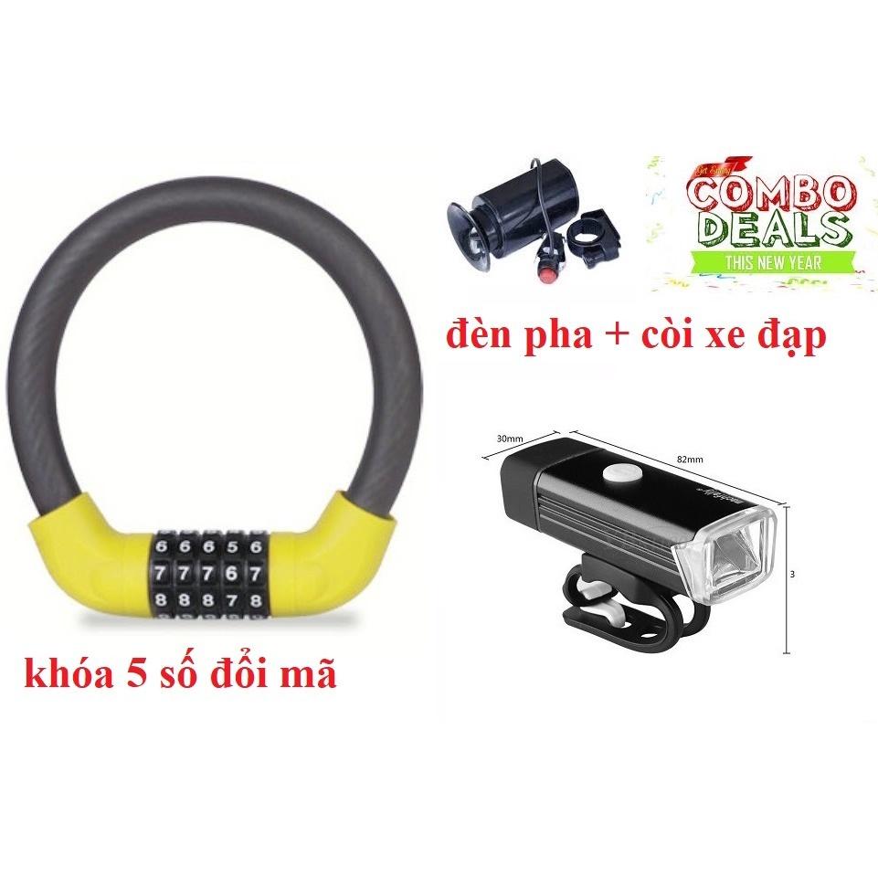Combo Khóa xe đạp 5 số đổi được mật khẩu + đèn pha  + còi xe đạp
