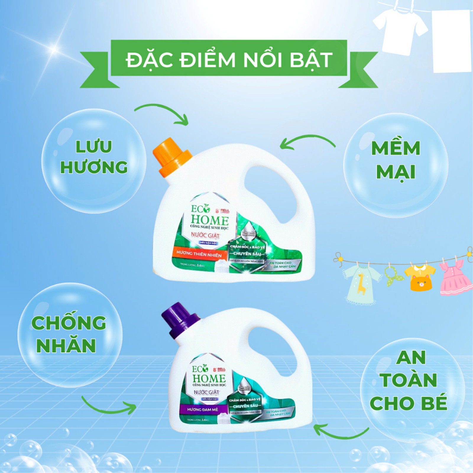 Nước Giặt Xả Quần Áo Công Nghệ Sinh Học ECOHOME Kim Ngân Store Hương Đam Mê Làm Sạch Quần Áo, An Toàn Cho Làn Da Bé