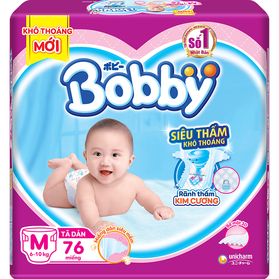 Tã Dán Bobby Siêu Mỏng Thấm Gói Siêu Lớn M76 (76 Miếng)