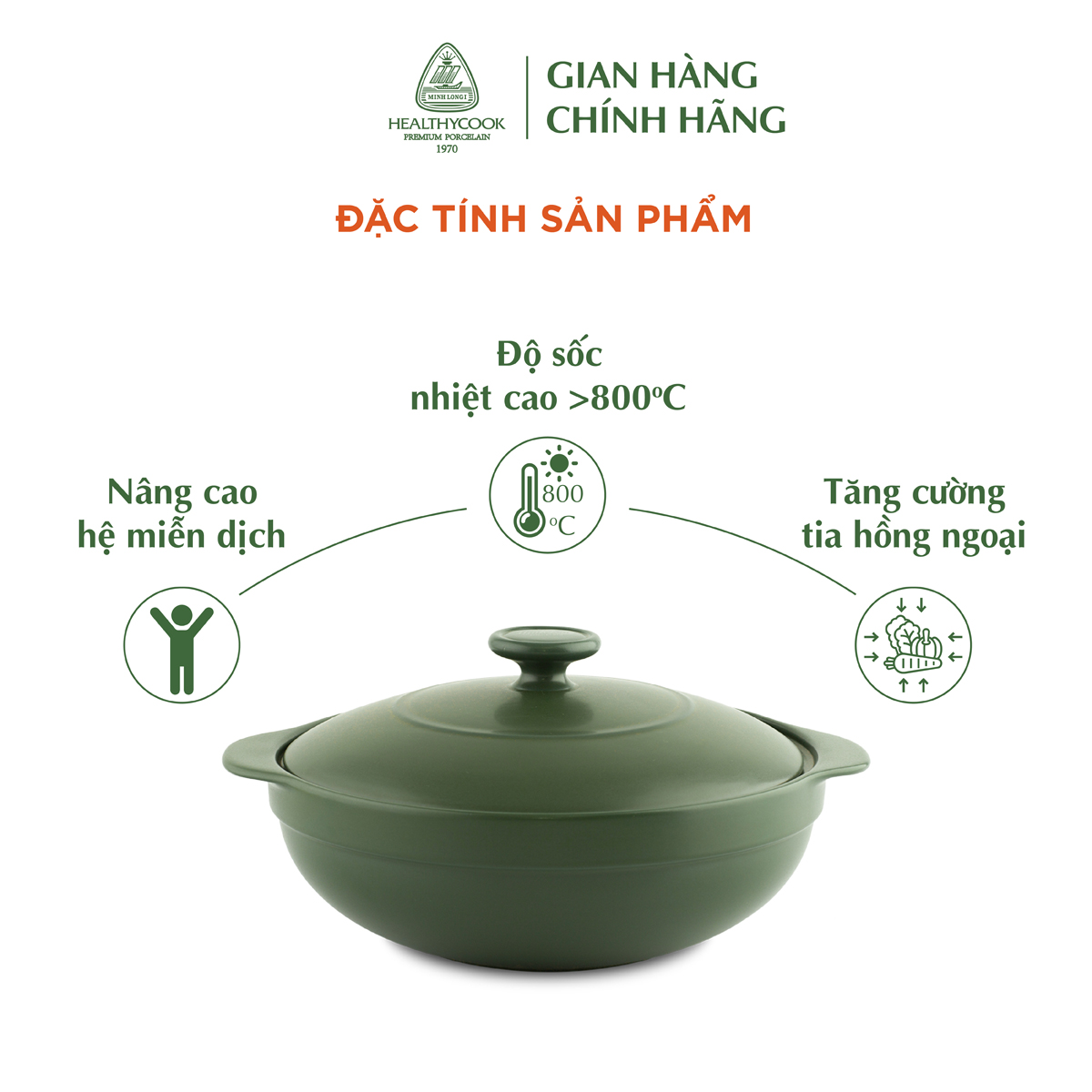 Nồi dưỡng sinh Luna (Nồi cạn) 2.0 L + nắp (CK)  Healthy Cook Xanh Rêu Sứ cao cấp Minh Long