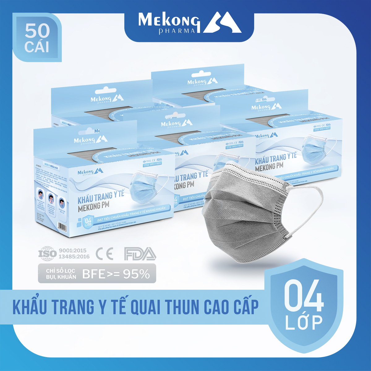 5 Hộp Khẩu Trang Mekong Cao Cấp 4 Lớp Kháng Khuẩn (50 chiếc 1 Hộp)