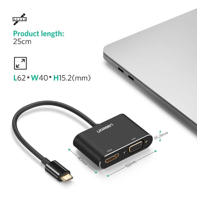 Ugreen UG50318CM162TK 15CM màu Đen Bộ chuyển đổi TYPE C sang HDMI + VGA vỏ bọc nhôm - HÀNG CHÍNH HÃNG