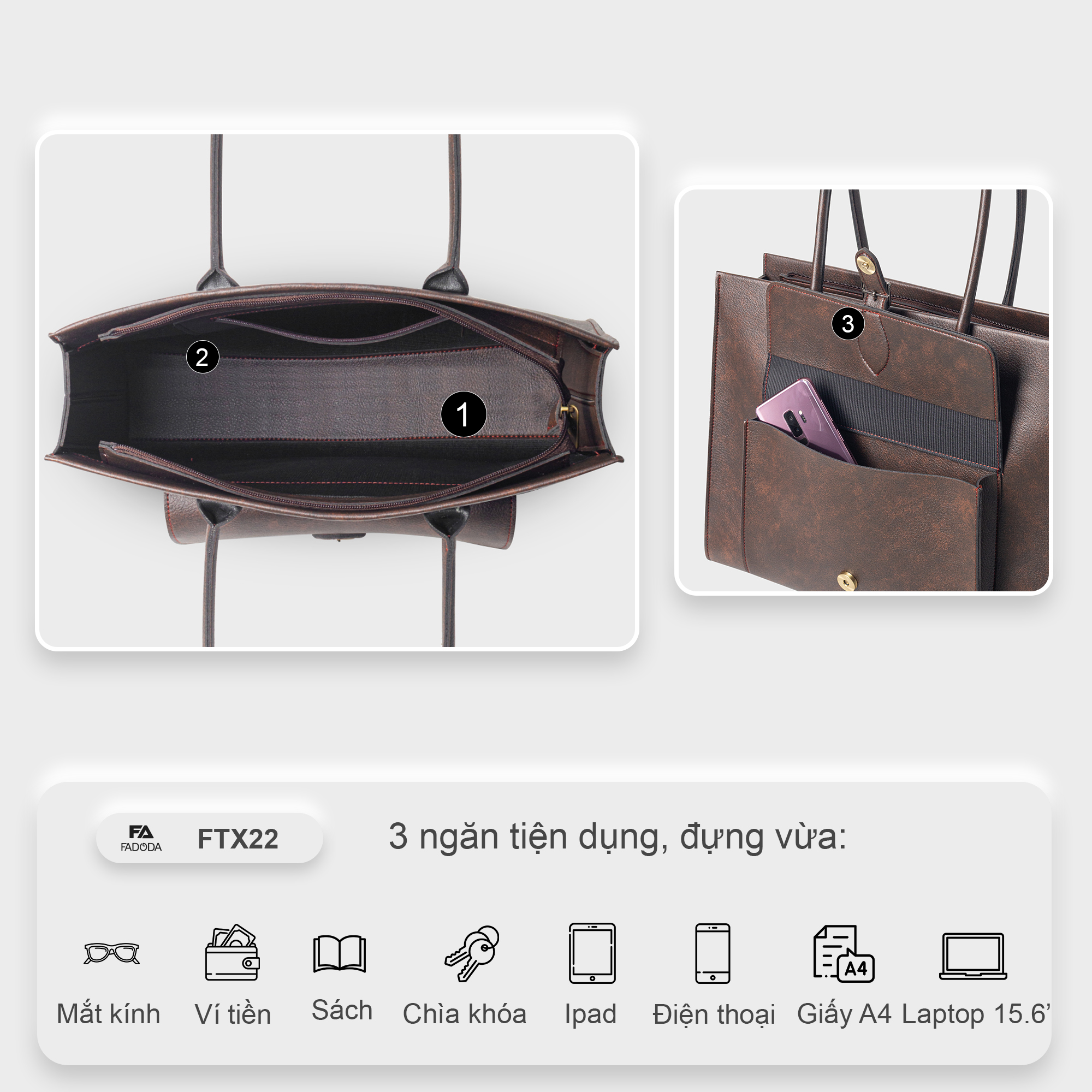 Túi xách nữ công sở đa năng đựng laptop Fadoda FTX22