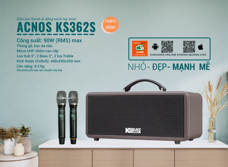 Dàn âm thanh di động ACNOS KS362S - Có vang số, hiệu chỉnh dễ dàng qua ứng dụng ECHO ACNOS - Hệ thống loa sub 5 inch, 2 loa bass 3 inch và 2 loa treble - Công suất đến 400W - Kết nối bluetooth 5.0, cổng quang (Optical) - Kèm 2 micro UHF - Hàng chính hãng