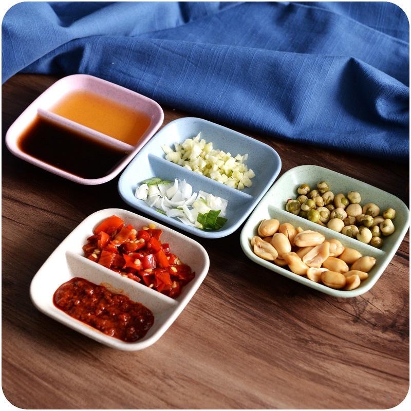 Chén đựng gia vị 2 ngăn nhựa lúa mạch an toàn sức khoẻ - Khay đĩa đựng gia vị, nước chấm, muối ớt 2 ngăn tiện lợi
