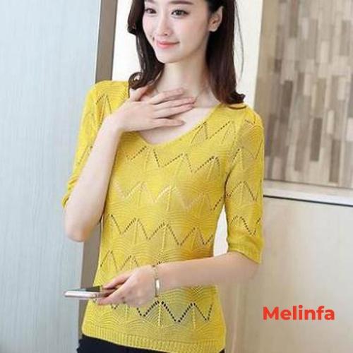 Áo len mỏng nữ cổ V tay lửng dập lỗ len dệt kim mềm mịn co giãn mặc mùa hè mã VAA0314