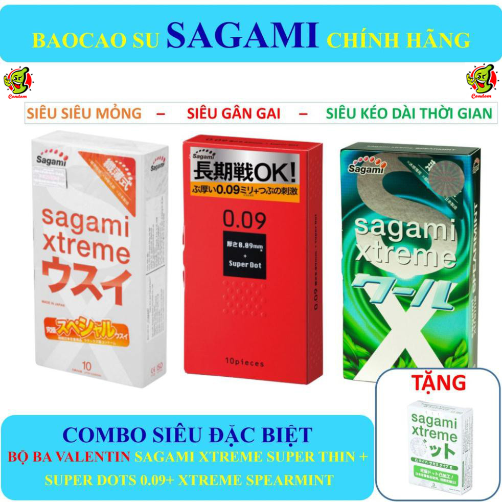 Bộ ba Bao Cao Su Sagami siêu siêu mỏng Super Thin + Siêu kéo dài thời gian Feellong + Siêu gân gai Super Dots (Che tên sản phẩm) Tặng hộp sagami 3 cái.