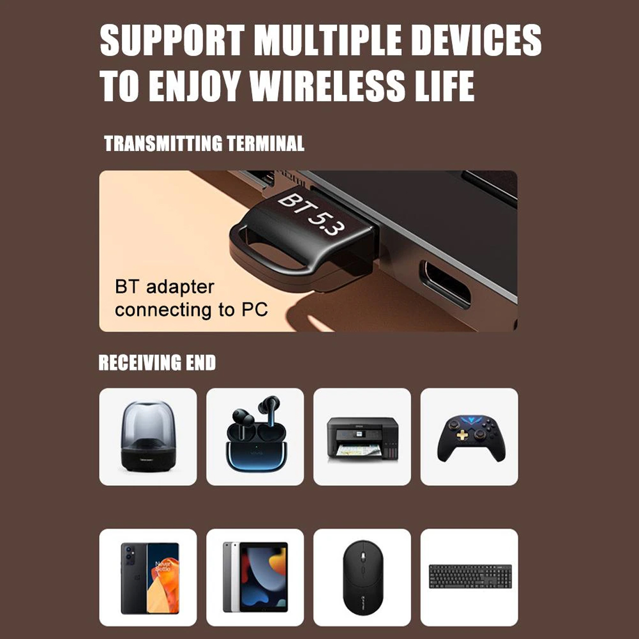 Bộ thu phát Bluetooth Dongle 5.3 Vinetteam- Thiết bị thu phát nhạc không dây Nano USB 5.3 Bluetooth hỗ trợ cho Laptop, Máy tính để bàn - hàng chính hãng