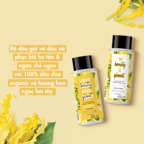 Combo Dầu Gội Dầu Xả Love Beauty &amp; Planet Phục Hồi Chẻ Ngọn Hope &amp; Repair 100% Dầu Dừa Organic Hương Ngọc Lan Tây 400ML