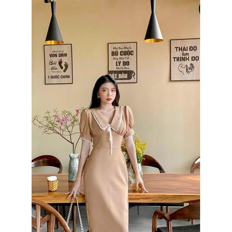 Đầm Midi Nude Viền Ren Nơ Ngực - Kèm Hình Thật