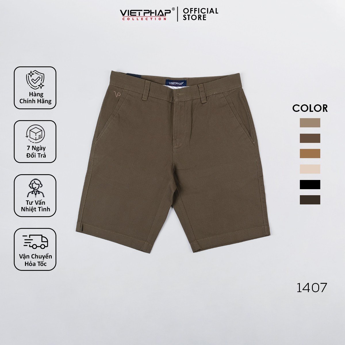 Quần Short Kaki Cao Cấp VIỆT PHÁP/ Form basic/ Thêu logo sườn, chất liệu dệt cotton mềm mịn hút mồ hôi không phai màu 1207