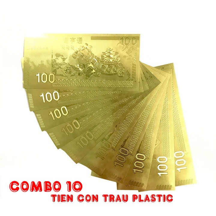 Combo 10 tờ lưu niệm 100 hình con Trâu, chất liệu nhựa plastic mạ một lớp màu vàng, dùng để trang trí trong nhà, làm tiền lì xì dịp Tết Tân Sửu 2021, treo trên cây mai, bỏ vào túi xách - SP005094