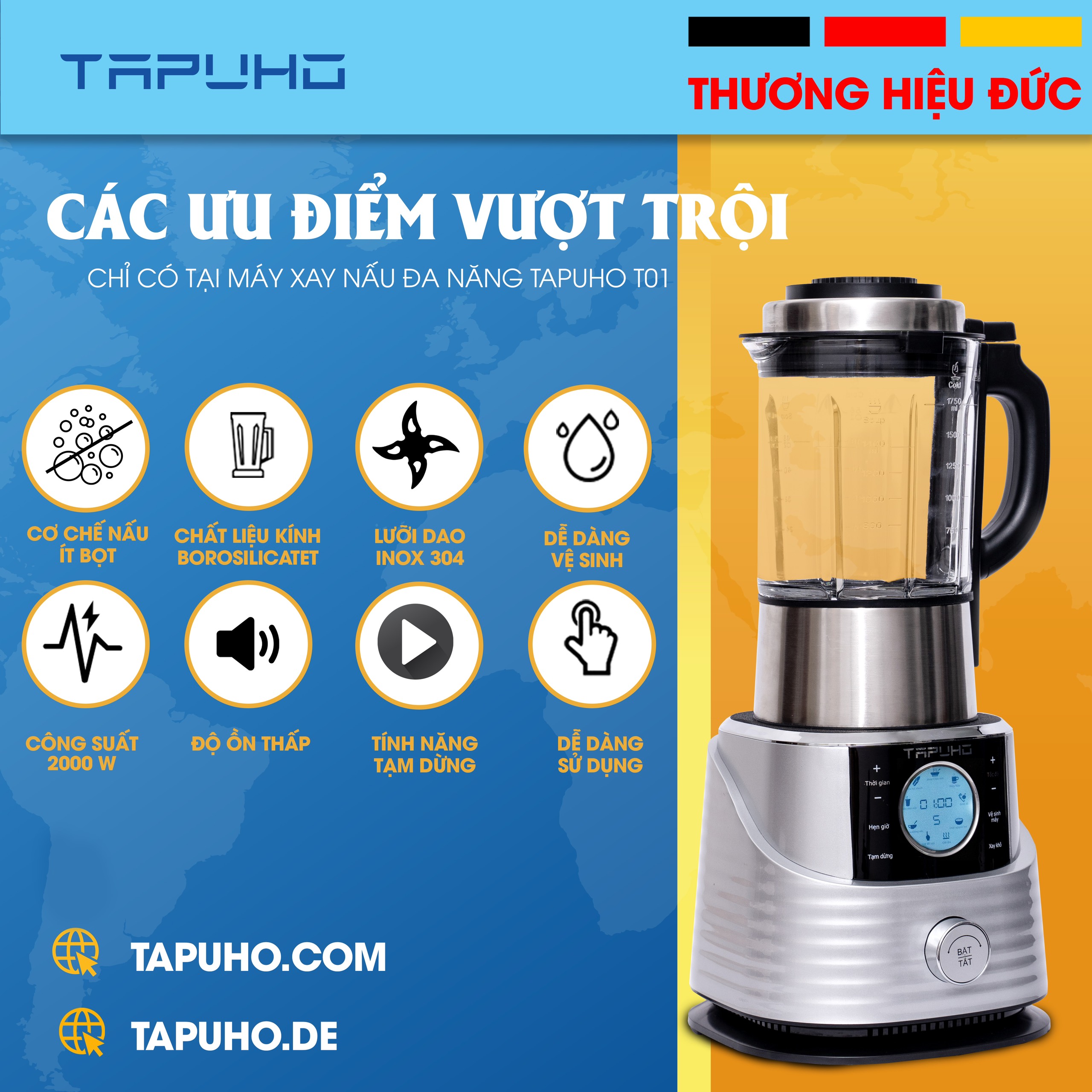 Máy làm sữa hạt, sinh tố TAPUHO T01 - Thương hiệu Đức