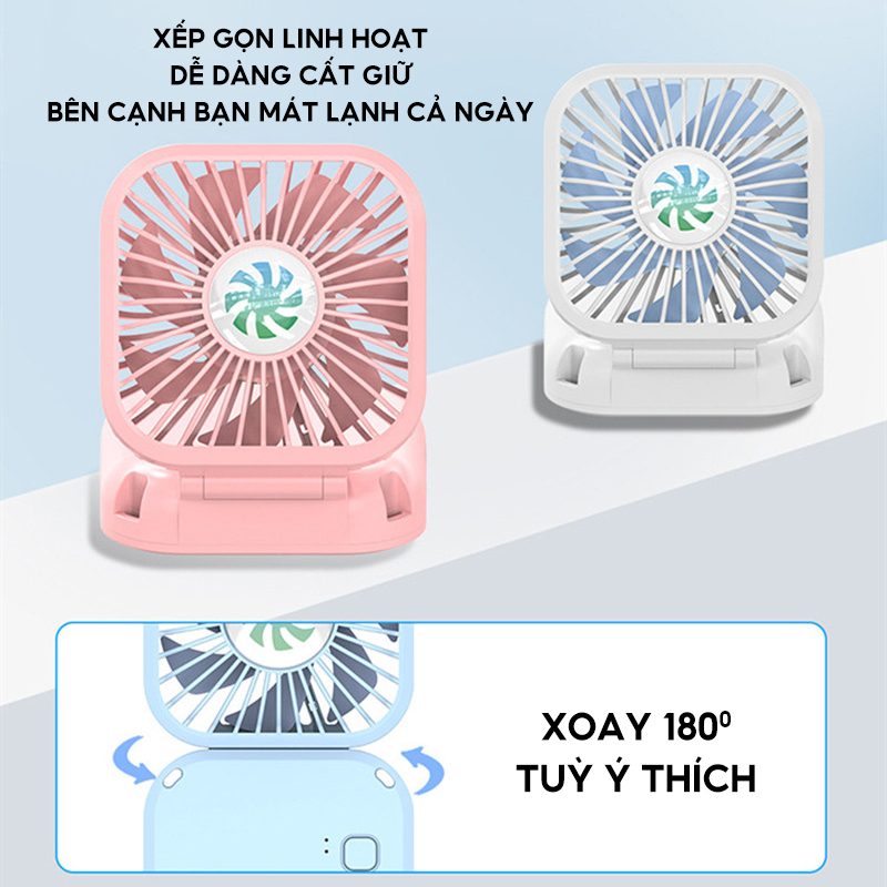 Quạt Tích Điện Mini Xếp Gọn 5 Cánh Dung Lượng Pin 800mah Kèm Dây Đeo Cổ Tiện Lợi Khi Đi Du Lịch