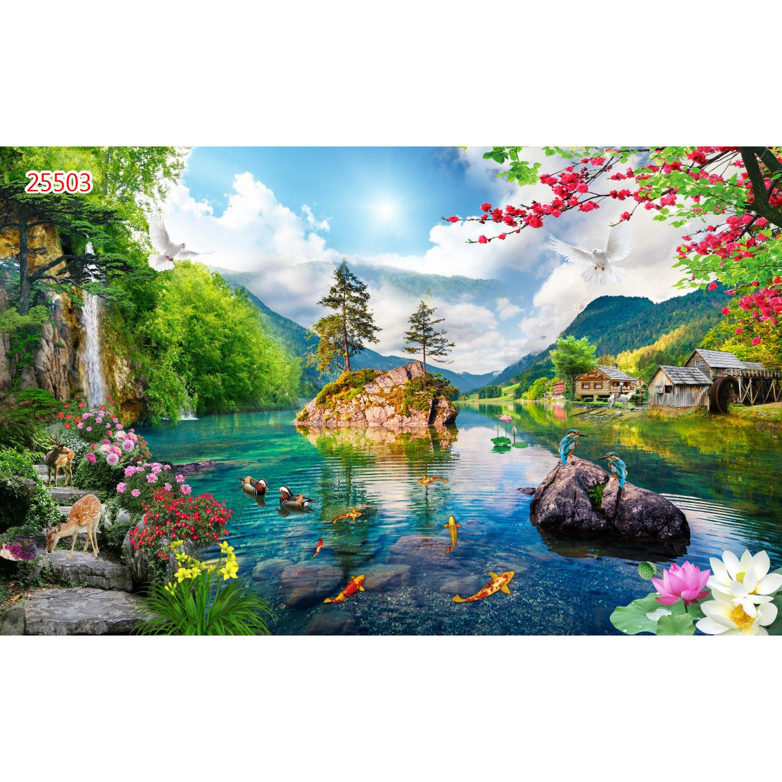 Tranh dán tường phong cảnh Sơn Thủy Hữu Tình-Huyền Chi-M25503/ Decal PP tích hợp sẵn keo