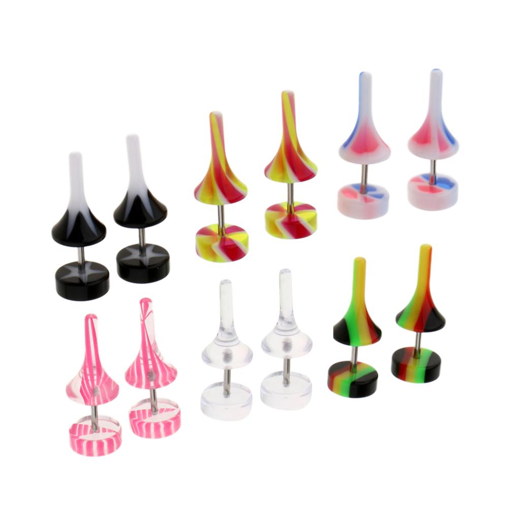 6 Pairs Acrylic Ear Earrings Flesh Tunnel Stainless Steel Fake Plugs 16g