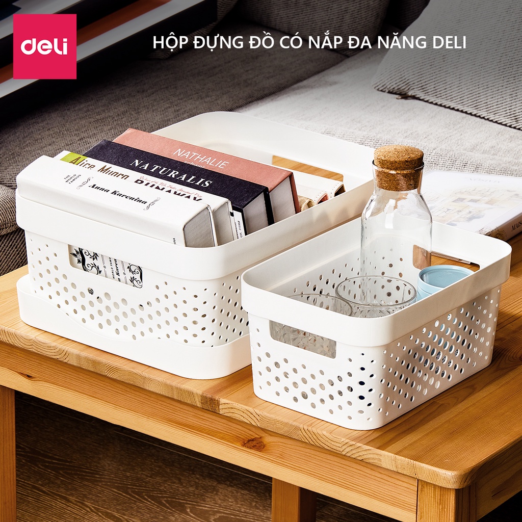 Giỏ nhựa đựng đồ đa năng có nắp đậy cao cấp Deli - Nhiều size, kích cỡ lớn nhỏ , có tay cầm, phong cách Nhật Bản đơn giản, tiện dụng, vật liệu an toàn - Đựng sách vở đồ cá nhân mỹ phẩm quần áo chăn gối ga mền