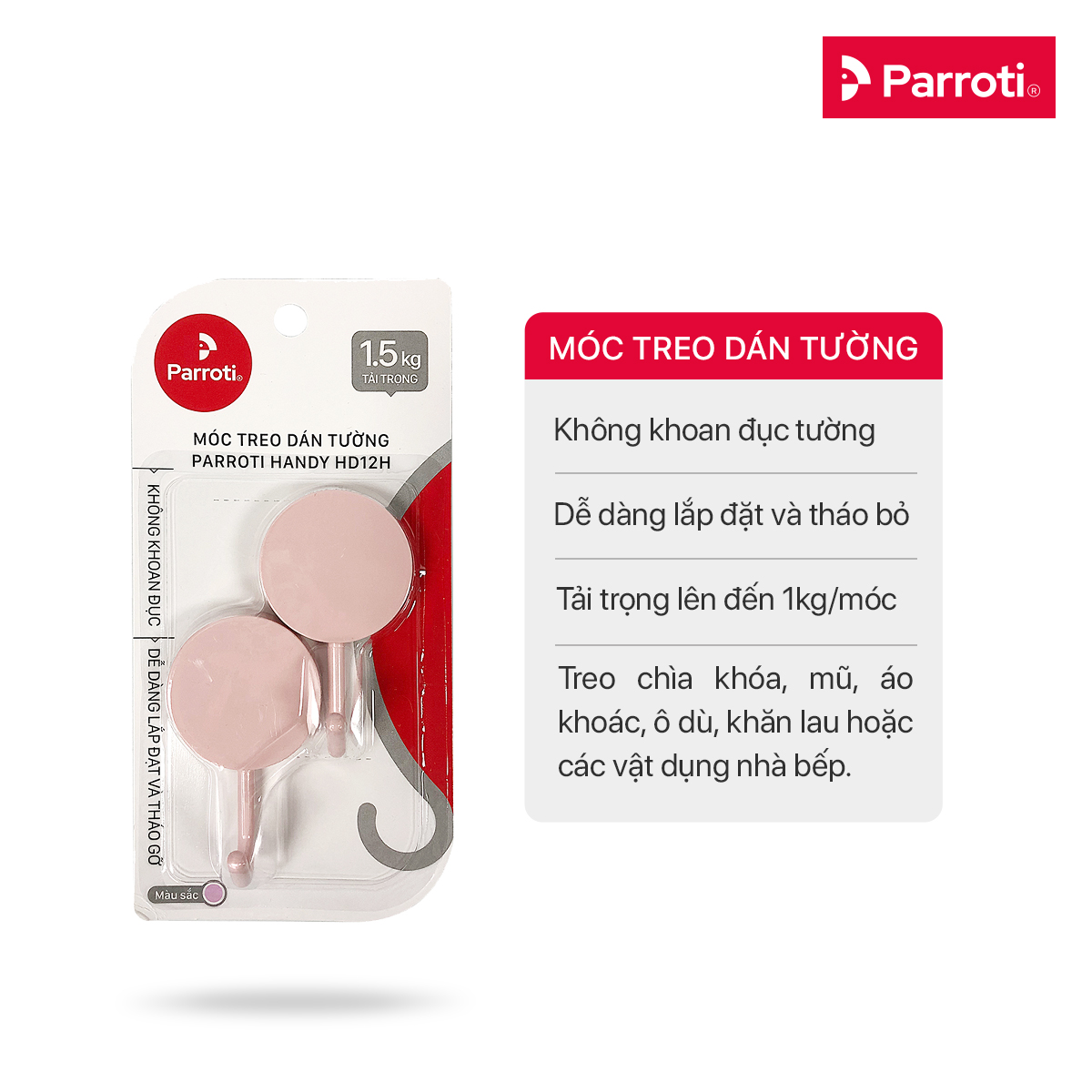 Móc treo dán tường đa năng, bộ 2 chiếc, treo chìa khóa, đồ dùng nhà bếp, vật dụng nhà tắm - Parroti Handy HD12