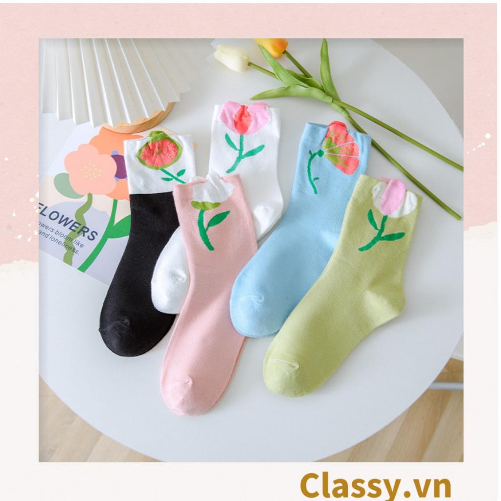 Tất cổ cao, vớ cổ cao hoa tulip Classy chất cotton siêu êm G1347