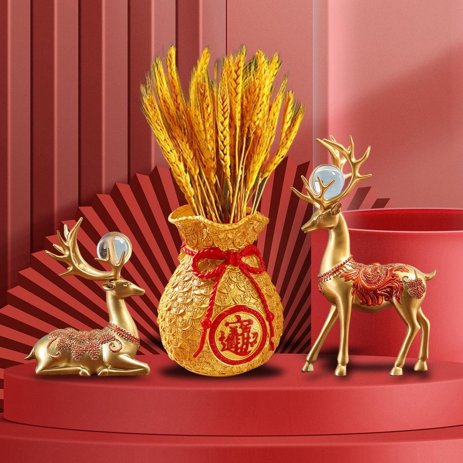 Set 3 Tượng : Túi May Mắn, 2 Tượng Nai Sừng Tấm Trang Trí Nhà Cửa Phòng Khách Năm Mới