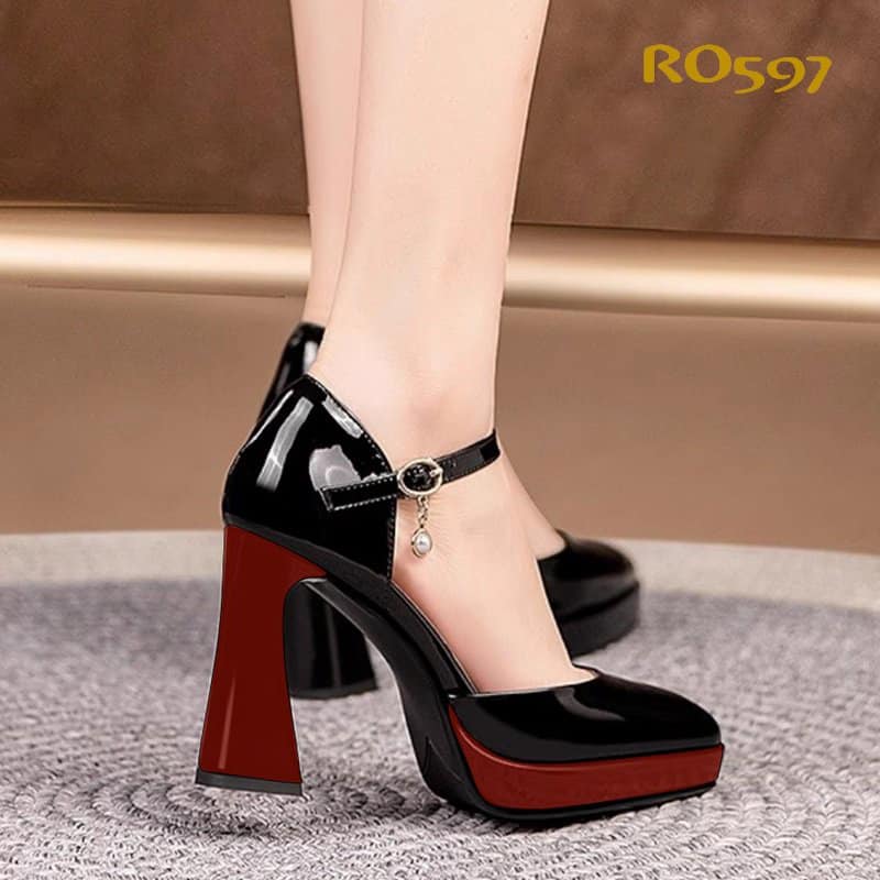 Giày sandal nữ cao gót 8 phân hàng hiệu rosata hai màu đen đỏ và đen nâu ro597