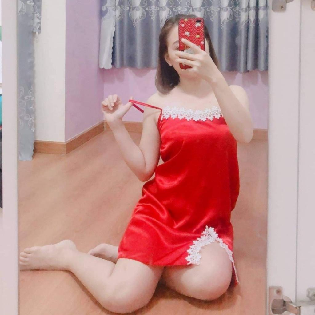 Đầm ngủ 2 dây sexy gợi cảm bigsize, váy ngủ nữ lụa satin phối ren mặc mát thoải mái