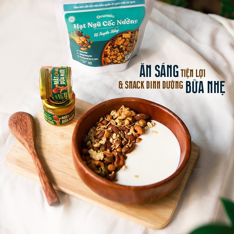 Granola nướng giòn tan - Vị truyền thống túi 400g - Dùng mật dừa nước, 0 trái cây sấy, GI thấp - Hạt ngũ cốc giảm cân - HeydayCacao