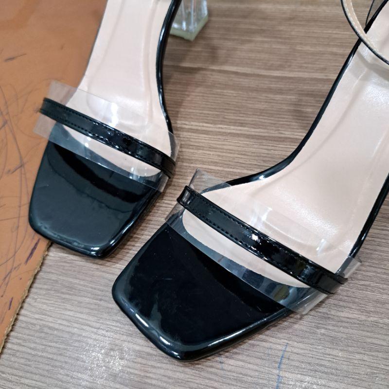 HCM Giày sandal cao gót trong big size nữ 40 41 42 quai ngang thời trang gót vuông mũi vuông cao 7 phân
